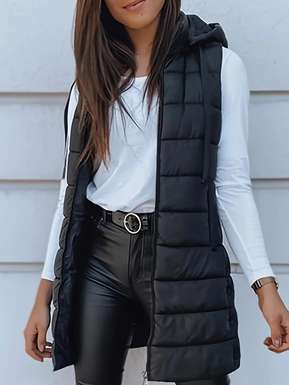 Hooded Long Vest Zip-up : Black
