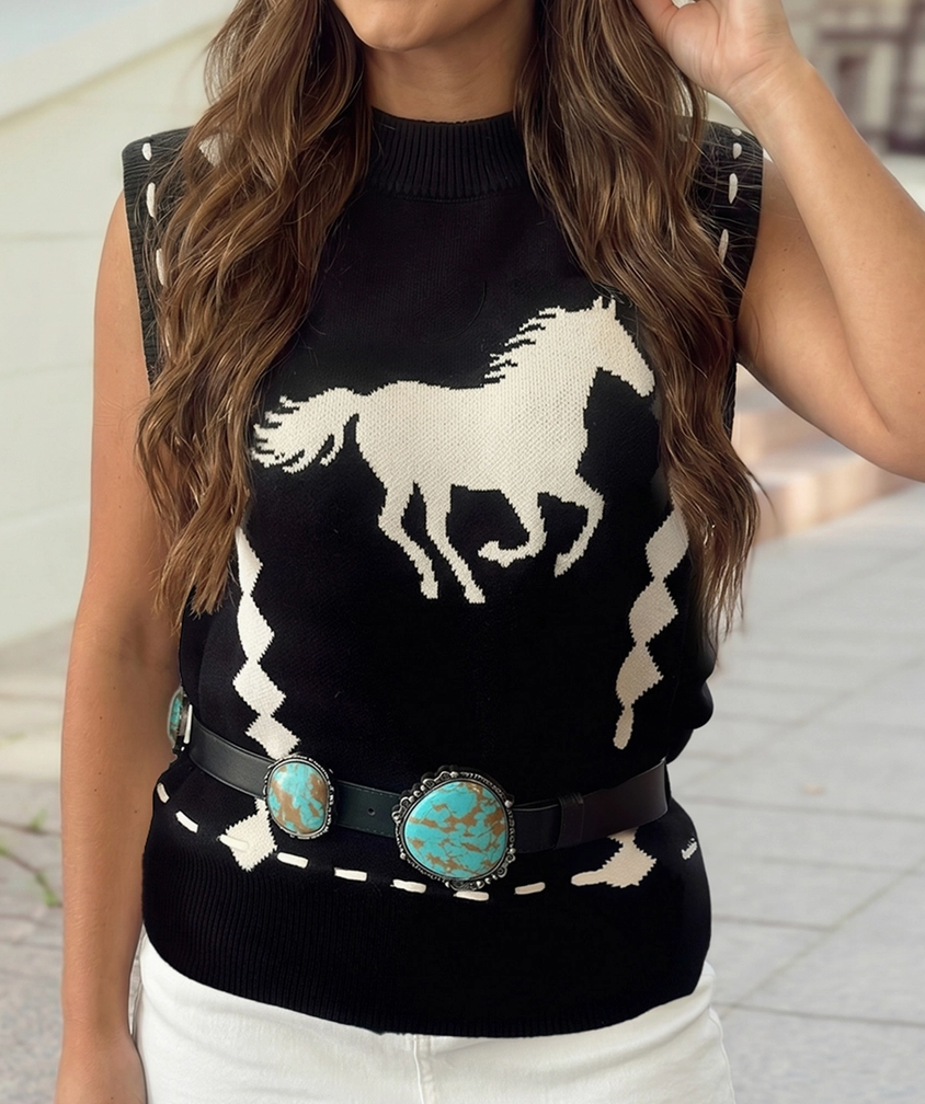 Horse Stitched Detail Black Sweater Vest