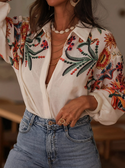 Women's White Long Sleeve Printed on Design Shirt