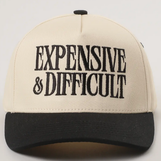 EXPENSIVE and DIFFICULT Embroidered Trucker Hat Beige Hat and Black thread