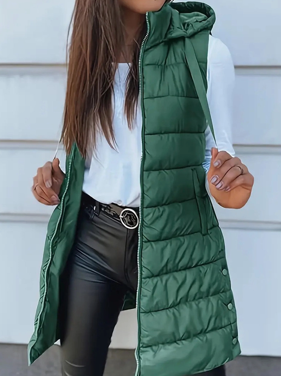 Hooded Long Vest Zip-up : Green