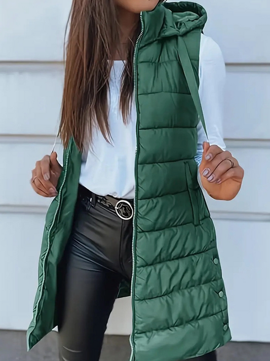 Hooded Long Vest Zip-up : Green